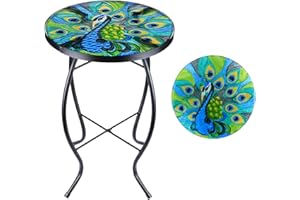 MUMTOP Patio End Table Outdoor Side Tables 14’’ Round Accent Table Peacock Glass Metal Side Table Plant Stand Decor for Garden, Balcony Indoor Use