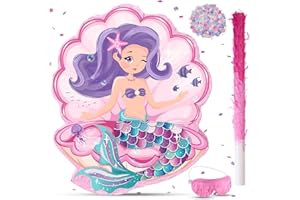 FACCITO Seashell piñata Mermaid piñatas for Birthday Party Girl, Sea Theme piñata with piñata Stick, Blindfold and Confetti for Mermaid Birthday Decorations Supplies