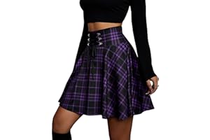 KOJOOIN Spódnica damska Plaid Mini Plisowana spódnica Gotycka sukienka Wysoka talia Sukienka Cosplay A-Line Lace Up