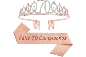 JENICH Feliz 70 Cumpleaños Faja de Satén Oro Rosa Feliz Cumpleaños Cumpleaños Sash 70th Diadema Tiara Cristal Cumpleaños Faja Banda de Satén Cumpleaños Sash Decoracíon Regalos para Cumpleaños
