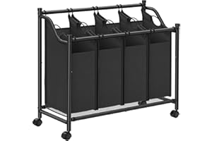 ‎SONGMICS SONGMICS Kosz na pranie, kosz na pranie, sortownik na pranie z 4 wyjmowanymi workami z tkaniny, kółka, pojemnik na zabawki, 4 x 35 litrów, czarny LSF005