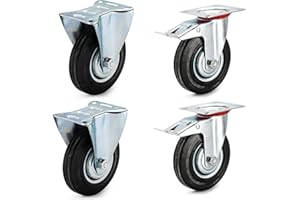 HD BRICO Set da 4 Ruote 100 mm (2 Ruote Fisse + 2 Ruote Girevoli con Freno) - Ruote pivontanti per mobili,4 Ruote Carico 280 kg - Ruote girevoli per uso interno ed esterno - Rotelle piroettanti