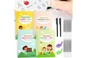 HOCUCHELAND 4 Pack Handwriting Practice Books, Reusable Copybook for Kids, Learn to Write Books for Drawing Math Number Alphabet, Handwriting Book with 2 Pens and 20 Pen Refills for Age 3 4 5