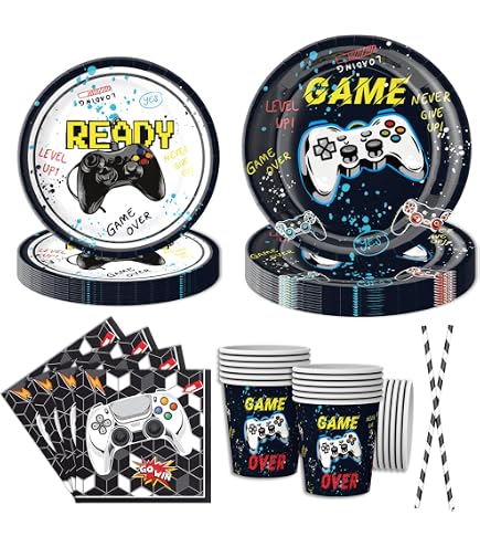 Set Vaisselle Jetable Jeu Vidéo - 30 Pièces Pour 10 Invités