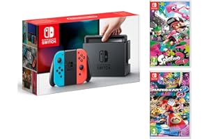 Nintendo Switch Rouge/Bleu Néon 32Go Pack + Mario Kart 8 Deluxe + Splatoon 2