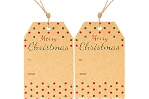 G2PLUS Etichette Regalo di Natale: 50PCS Etichette Buon Natale Rosse 8,5 x 5,5 cm con Scritta Dorata e 10m di Spago per Confezioni, Fai-da-te e Decorazioni Natalizie