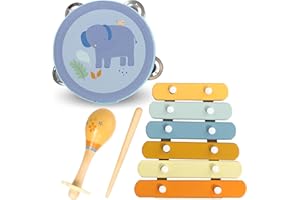 Mamabrum Set Instrumentos Musicales Infantiles - Tambor Infantil, XilóFono y Maracas con Diseño de Elefante - Juguetes Educativos para Desarrollo Sensorial y Manual - +18 Meses