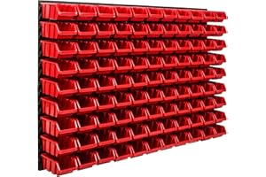 SIMPLETHING Étagère d'atelier - 115 x 78 cm - 99 pièces - Étagère murale avec boîtes empilables - Plaques murales extra solides - Étagère perforée pour garage