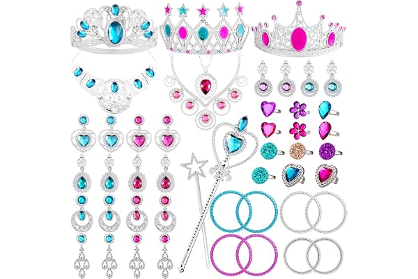WATINC 46Pcs Princesse Dress Up Accessoires Set Filles Habiller Déguisement Bijoux Toys Diadème Collier Bracelet Baguette Magique Tiara Couronne Bague Boucles d'oreilles pour Cosplay Noël Party Favors