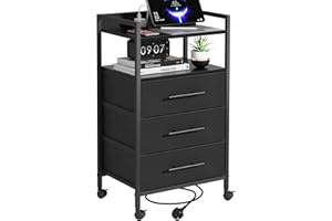 Adoture Bedside Table with Charging Station, Bedroom Side Table with 3 Fabric Drawers, Small Storage Sofa End Table with Open Shelf and 4 Castors, Nightstand for Living Room, Hallway, Black