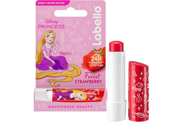 LABELLO Baume à lèvres Édition Limitée Disney Princesse Raiponce Forest Strawberry 1x 4,8 g — Stick à lèvres hydratant pour enfants — Baume parfumé à la fraise