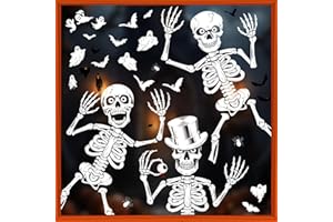 Xyxu Halloween Decorations Window Stickers, 10Sheets Scary Skeletons Window Clings with Bat, Ghost, Spider Designs, Reusable Static Clings for Indoor Window Decoration, Halloween Stickers for Windows