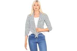 Grunge Wear® Women's ¾ Sleeves Vertical Black White Stripes Print Open Front Waterfall Crop Blazer Jacket Coat Plus Size S-3XL