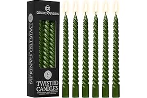 DECO EXPRESS Velas cónicas sin goteo para cena y restaurante, velas en espiral de colores trenzados, oliva metálico, paquete de 6