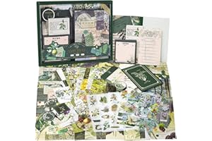 Irayin Juego de Accesorios Vintage para Scrapbook 125 Piezas Estéticas Bullet Journal Accesorios con Cuaderno de Cuadrícula A6, DIY Scrapbook Regalo de Bricolaje para Niñas, Mujeres(Verde)