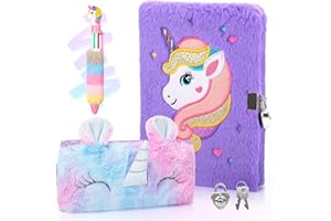 Anyfirst Licorne Journal Intime Fille en Peluche avec Clé et Cadenas, Set de A5 Carnet Secret Fille en Peluche, Journal Intime comme Cadeau Licorne Fille 5-12 Ans, Violet