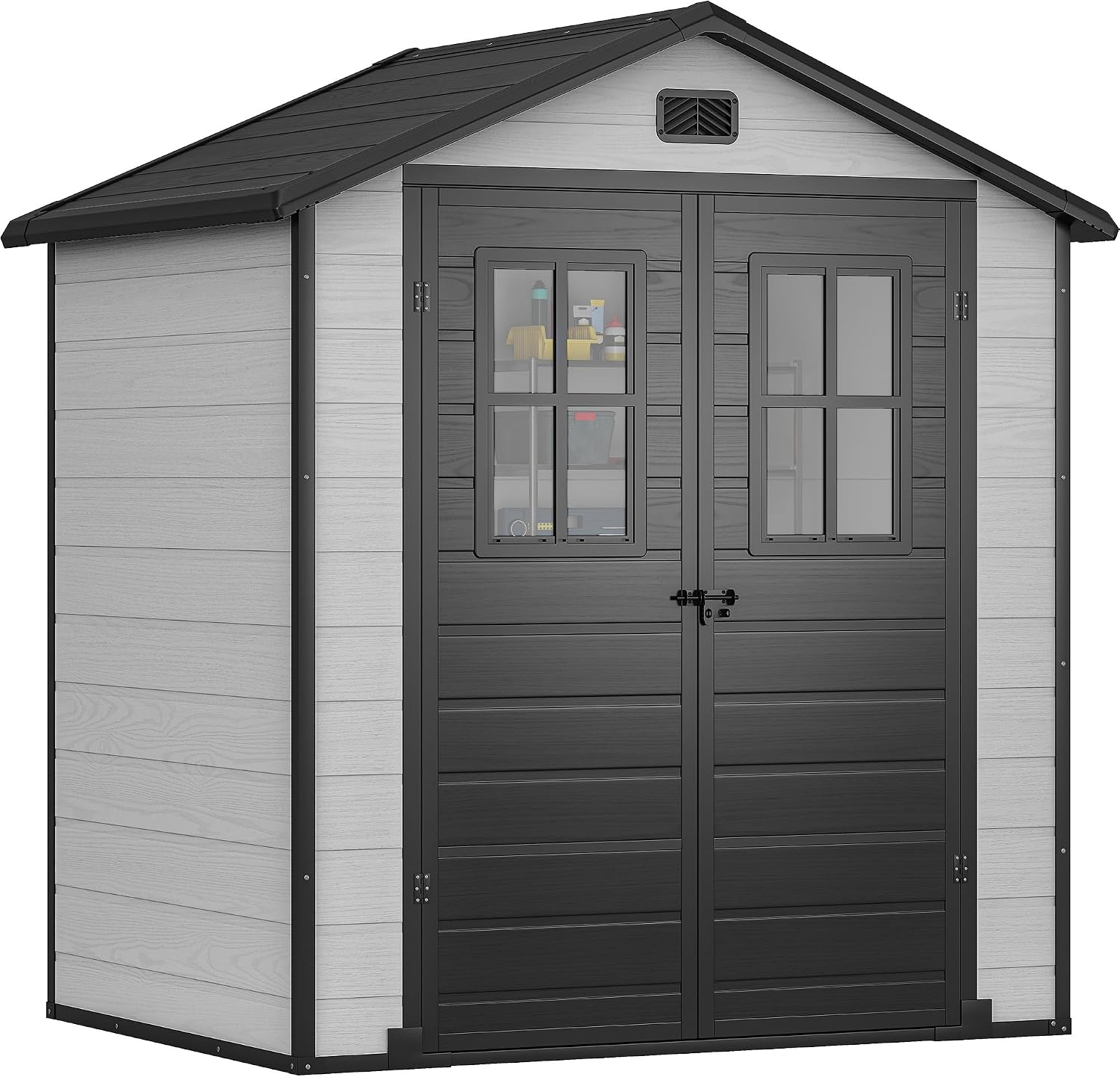 DWVO 6x4.4ft Outdoor Storage Shed, Plastic Garden Tool Shed with 2 Vision Windows, Double-Wall Outside Shed for Mower Lawn, Garden Tool for Backyard Lawn Patio, Lockable, Grey&Black