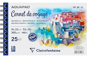 Clairefontaine 975958C - Carnet de Voyage Spiralé Aquapad - 25 Feuilles Papier Aquarelle Blanc Grain Moyen Fin 14x22 cm 300g - Idéal pour les Artistes Globe-trotteurs