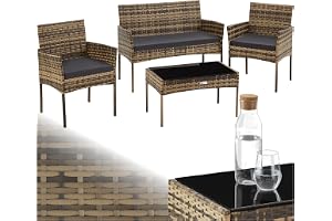 tectake® Loungegrupp i Konstrotting - set med soffa, två stolar & bord med glasskiva, trädgårdsmöbler för balkong, terrass, med vattenavvisande avtagbara överdrag - Natur