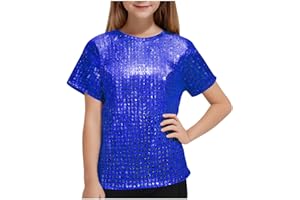 Keepink Kids Metallic Stage Tops 3-16Y Short Sleeve Jazz Hip Hop Street Dance Tops Sparkly Dancewear Glitter Performance Tee Boys Girls Shiny Metallic T-Shirts Party Costume