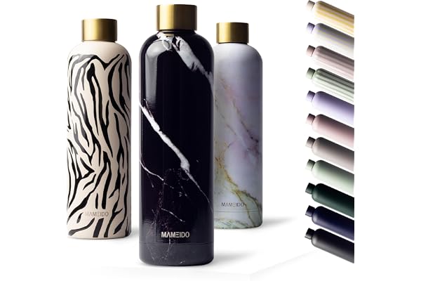 MAMEIDO Gourde Isotherme 1 l, Bouteille Isotherme inox, étanche, sans BPA, conserve le froid à 24h, la chaleur 12h (Black Marble Gold)