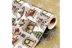 Wikadlik Santa Claus Christmas Wrapping Paper - 43cm x 10m Mini Roll Vintage Fireplace Horse and Christmas Ball Pattern Elegant Silver Gift Wrap for Holiday Festive Celebration DIY Craft