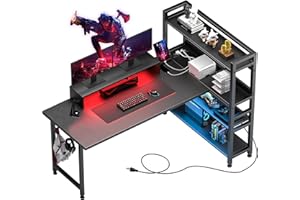 COMHOMA Bureau Angle, 140 * 100CM, LED Bureau Gaming avec Rangement, avec Chargeur USB, Support de Moniteur, pour Etudier, Jouer et Travailler, Noir