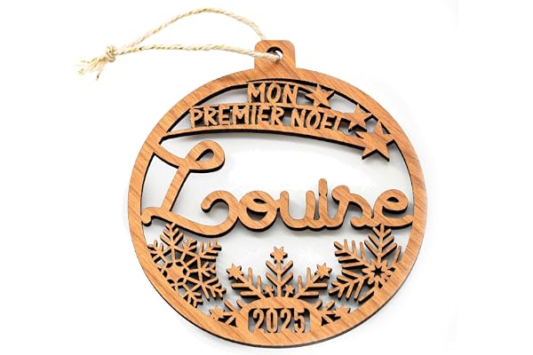 DHLaser Design Boule de Noël Mon Premier Noël, prénom et année Personnalisable, Décoration en Bois pour Sapin, étui Cadeau en Option. Cadeau de Noël, Naissance.
