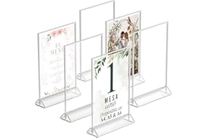 DASHER PRODUCTS Marcos de fotos plateados de doble cara, paquete de 6 soportes de números de mesa de acrílico plateado A5, marcos plateados para números de mesa de boda, soporte de menú, marco de fotos