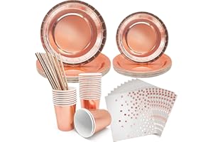 INHEMING 96 Pcs Vaisselle Jetable Anniversaire Fille, Assiette Jetable Rose Gold,Assiettes Gobelets Serviette Paille, pour Party Fête Mariages Baby Shower (24 Invités)