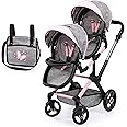 Bayer Design 26733AA double dolls pram, heigh-adjustable, reversible handle, bag, swivel front wheels, grey-pink with butterfly
