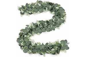 SOMYTING 2 Guirnaldas de Eucalipto Artificial con Flores Blancas Dólar de Plata Guirnalda Verde Planta Artificial Camino de Mesa de Eucalipto para Fondo Boda Decoración de Mesa