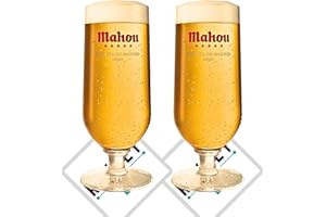 ROXLEYLTD Roxley Mahou Pint Lager - Vasos de cerveza (2 vasos de 56 cl), también viene con alfombrillas de cerveza de marca