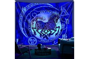 Arsey Arazzo UV i Svart Ljus, Arazzi med Viking Runor med Odin och Häst Motiv för Fest och Födelsedagsdekoration, Psykedelisk Hippie, Present för Hästälskare, Blå, 200 x 150 cm