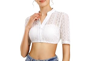 AMZHOTER Dirndl Bluse Damen Dirndlbluse Spitze Trachtenbluse Kurzarm Weiß Bluse Oktoberfest V-Ausschnitt 34-54