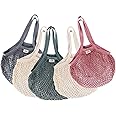 ilauke 5 Packs Reusable Grocery Mesh Bags, Portable and Washable Cotton String Shopping Bag with Long Handle, Cotton Mesh Produce Bag Set for Fruit and Vegetables(4 Color)