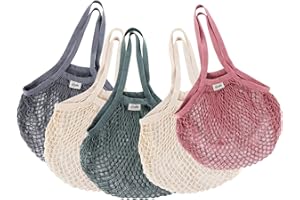 ilauke Bolsas de Compras de Algodón Orgánico, 5 Bolsas Reutilizables Portátiles y Lavables con Asa Larga, para Frutas y Verduras (4 Colores)