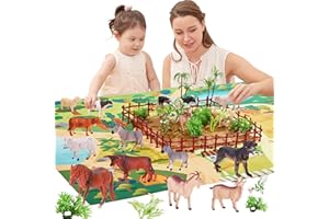 BUYGER 58 sztuk figurek zwierząt gospodarskich zabawka realistyczne zwierzęta z aktywnością mata do zabawy dla 3-letniego dziecka chłopca dziewczynki