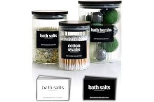 Mason & Fable Ribbed Glass Bathroom Jars with Airtight Black Bamboo Lids | Cotton Pad/Buds/Q tip Holder | Bath Salt/Small Makeup/Clear Vanity Apothecary Storage Canister (Multi-Size Jars-3x)