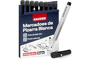 GAUDER Set de Rotuladores para Pizarra Blanca (8 piezas – negro) | Borrables en seco sin dejar residuos | Rotuladores borrables con esponja, ideales para pizarras blancas y magnéticas