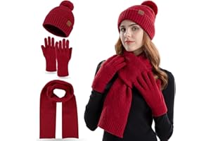 FUBABCO Set Cappello Sciarpa Guanti Invernali Donna, Set Cappelli Sciarpa e Guanti Maglia Caldo Donna Cappello Pompon e Sciarpa Lunga e Guanti Touch Screen per Donne Ragazze Che Sciano All'aperto