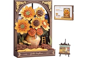 ROBOTIME Puzzle 3D Bois Tournesol, Maquette De Fleur en Bois À Construire pour Adultes, Peinture 3D À Suspendre, Décoration Murale, Kit De Construction, pour Les Fêtes