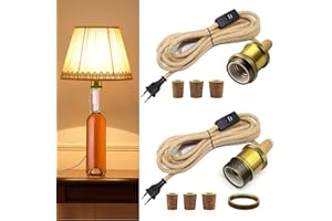 WPQIUZS 2 Pezzi Portalampada per Bottiglia con Interruttore, E27 Portalampada con 240CM Corda di Canapa Cavo e 3 Tappi di Legno, Adattatore per Lampada a Bottiglia, Lampada da Tavolo per Bottiglia di Vino