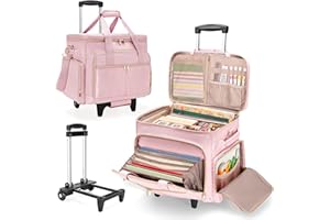 Prokva Rolling Scrapbook Bag, Scrapbook Storage Tote Bag with Wheels, Craft Cart Organizer with Detachable Trolley, Art Supplies Organizer Bag for Artist Crafter Teacher, Pink (Patent Design)