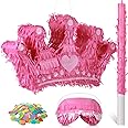 Princess Crown Pinata with Blindfold, Bat and Confetti Small Pink Princess Pinata for Girls Kids Suitable Size for Birthday Parties Princess Theme Parties Decoration Supplies Game, 15.7 x 9 x 3 Inch