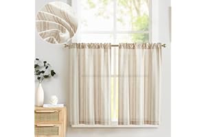 TOPICK Lniane zasłony w paski, półprzezroczyste, bistro, do prywatności, na małe okna, do kuchni, łazienki, salonu, zestaw 2 sztuk, 65 x 90 cm (wys. x szer.), brązowe na beżowym