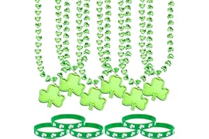 Qpout 12 Pezzi Bracciale con Collana di San Patrizio, 6 Pezzi di Collana di Trifoglio, 6 Pezzi di Cinturino in Gomma di Trifoglio Verde, per Bambini Donne Uomini Irlandese di San Patrizio Decorazione
