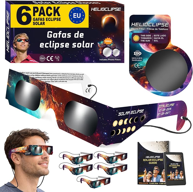 Helioclipse 6 Gafas Eclipse Solar Homologadas ISO 12312-2 CE para Ver Eclipse Solar 2026, Gafas de Eclipse Solar Seguras Certificadas