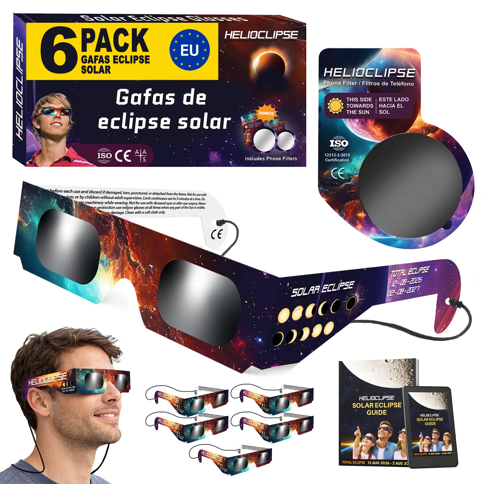 Helioclipse 6 Gafas Eclipse Solar Homologadas ISO 12312-2 CE para Ver Eclipse Solar 2026, Gafas de Eclipse Solar Seguras Certificadas - 1