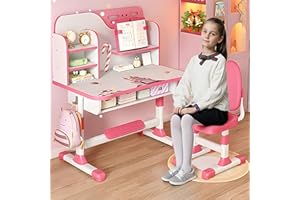 IONDELCE Kinder Schreibtisch und Stuhl Set, höhenverstellbar Kinder Schule Studie Tisch Stuhl Set mit Astronaut Muster, Ergonomische Schreibtischstuhl mit großen Schreibtafel, Bücherregal und Schublade (Rosa)